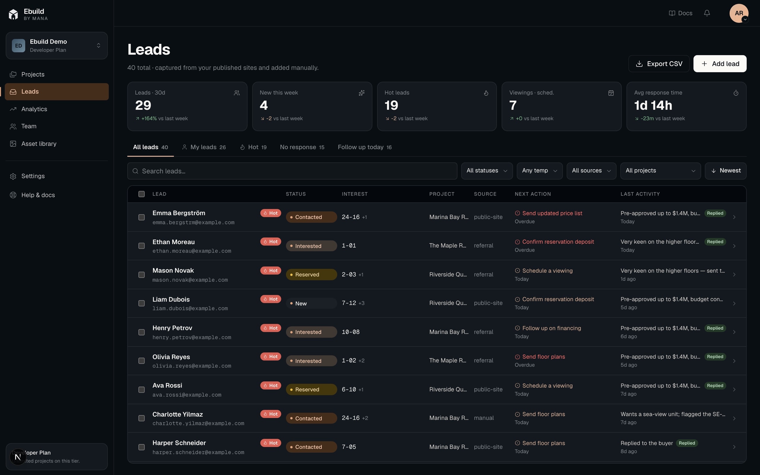 Leads — Every enquiry — scored hot/warm/cold, assigned, and one click to export.